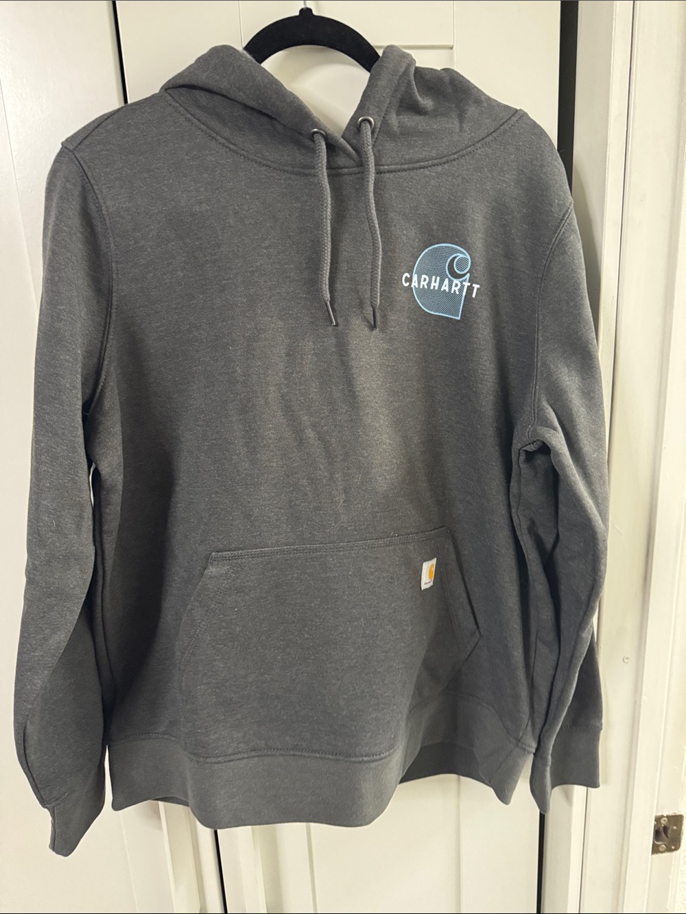 Carhartt Women’s Dark Gray Rain Defender Crewneck Hoodie with Light Blue Logo